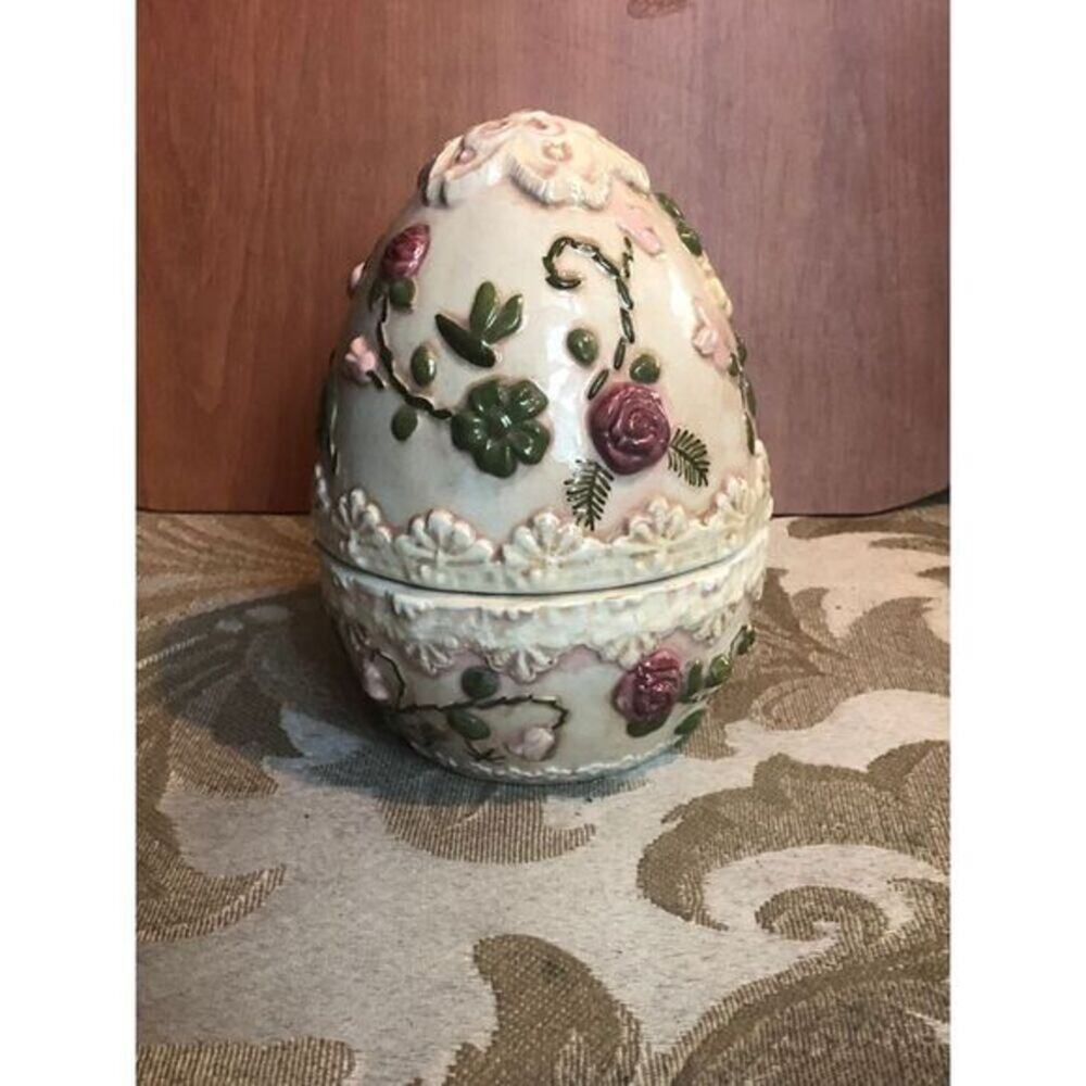 Vintage Floral Ceramic Egg Trinket Box Decorative Rose Design Spring Home Decor